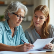 An older woman and a younger woman sit together at a table, reviewing paperwork with a laptop open nearby. The older woman writes on a document while the younger woman looks on supportively, creating a warm, collaborative atmosphere.
