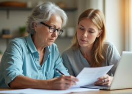 An older woman and a younger woman sit together at a table, reviewing paperwork with a laptop open nearby. The older woman writes on a document while the younger woman looks on supportively, creating a warm, collaborative atmosphere.